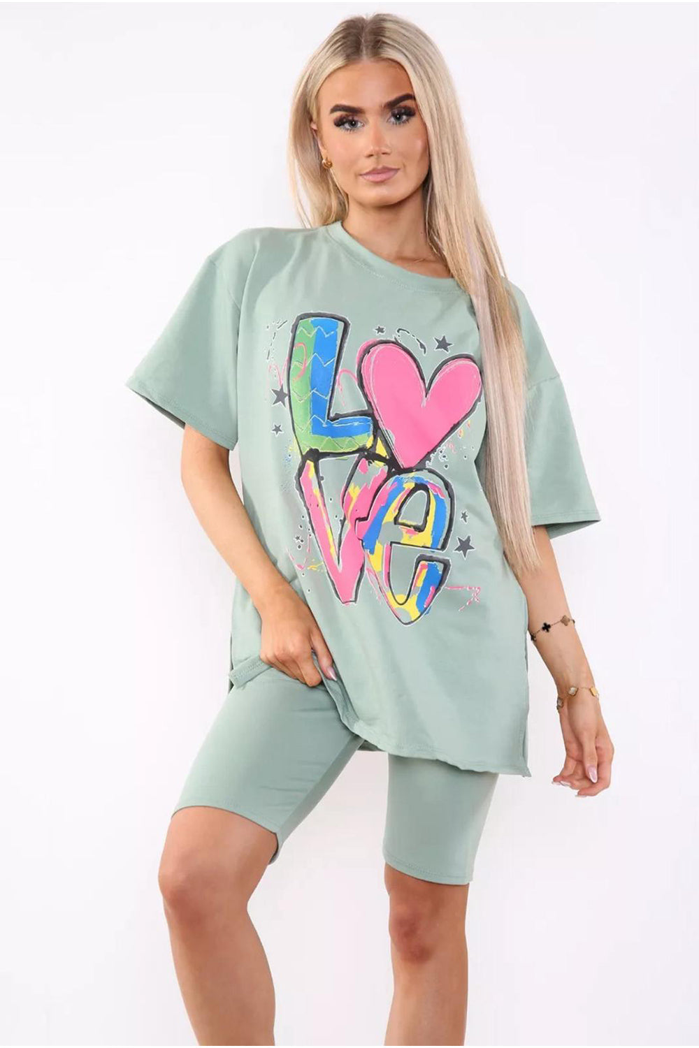 Cycling Short and T-Shirts Co-Ord Two Piece Side Slit Set with Front Printed Slogan