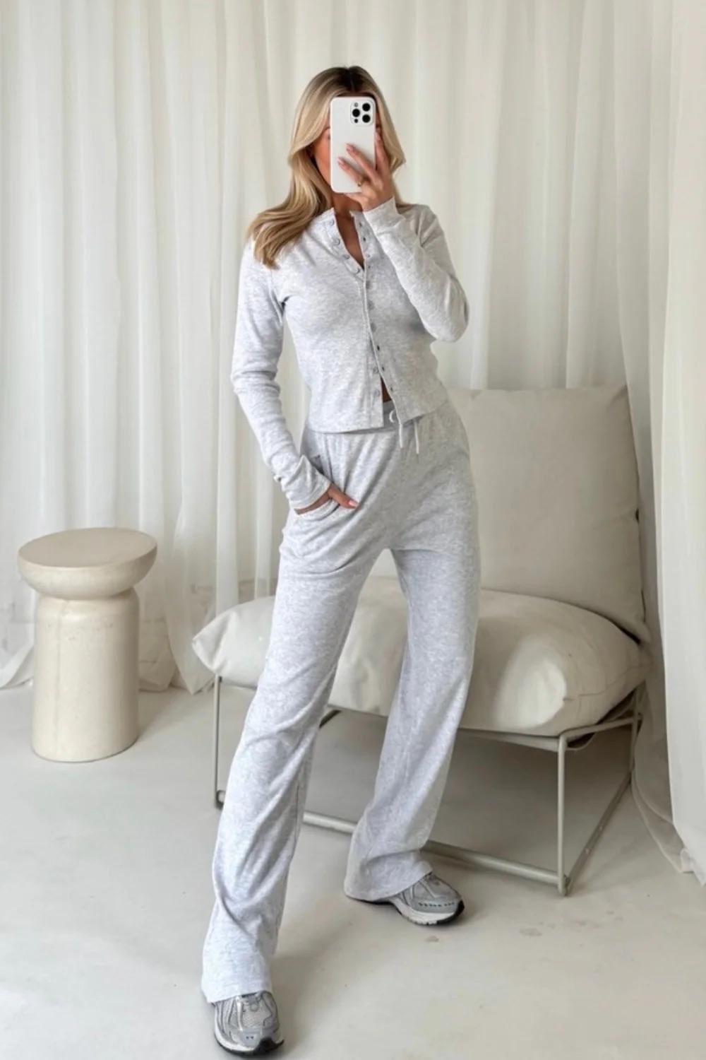 Mae Long Sleeves Ribbed Button Trouser Set