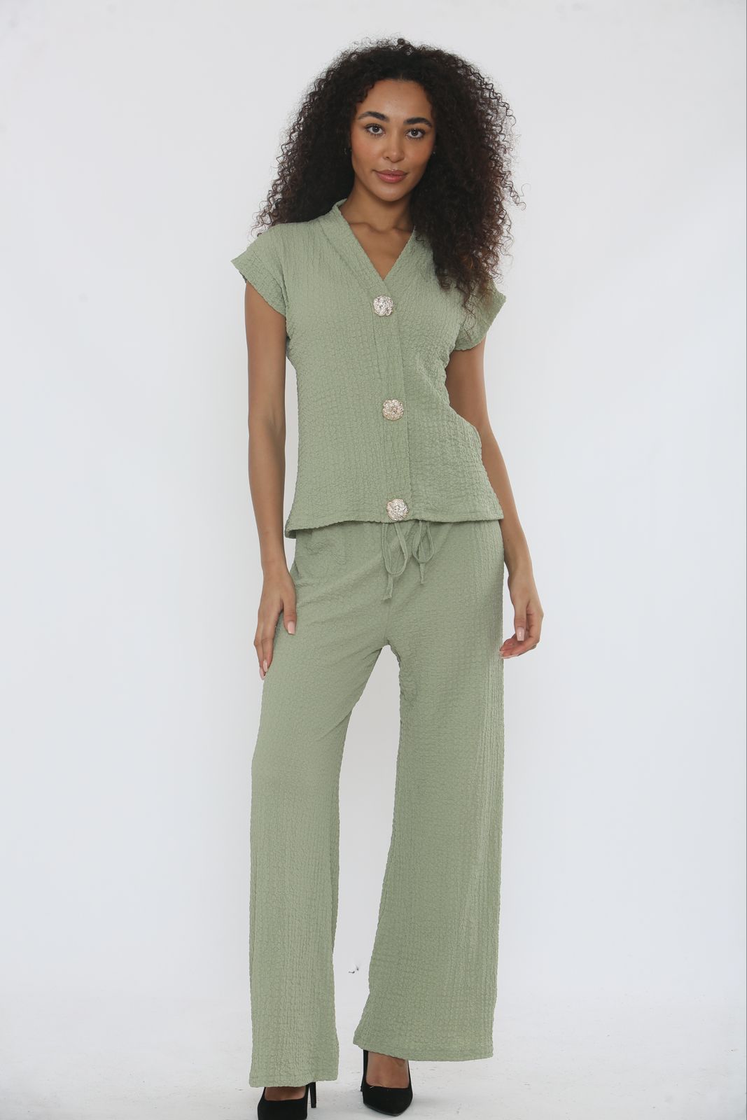 V-Neck Cheesecloth Gold Button Co-Ord Suit