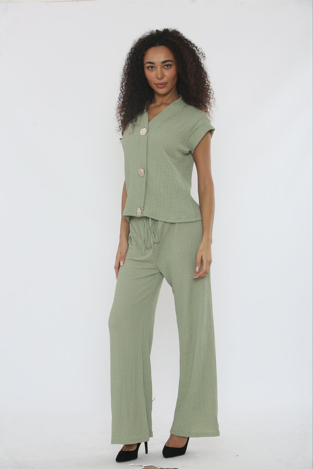 V-Neck Cheesecloth Gold Button Co-Ord Suit