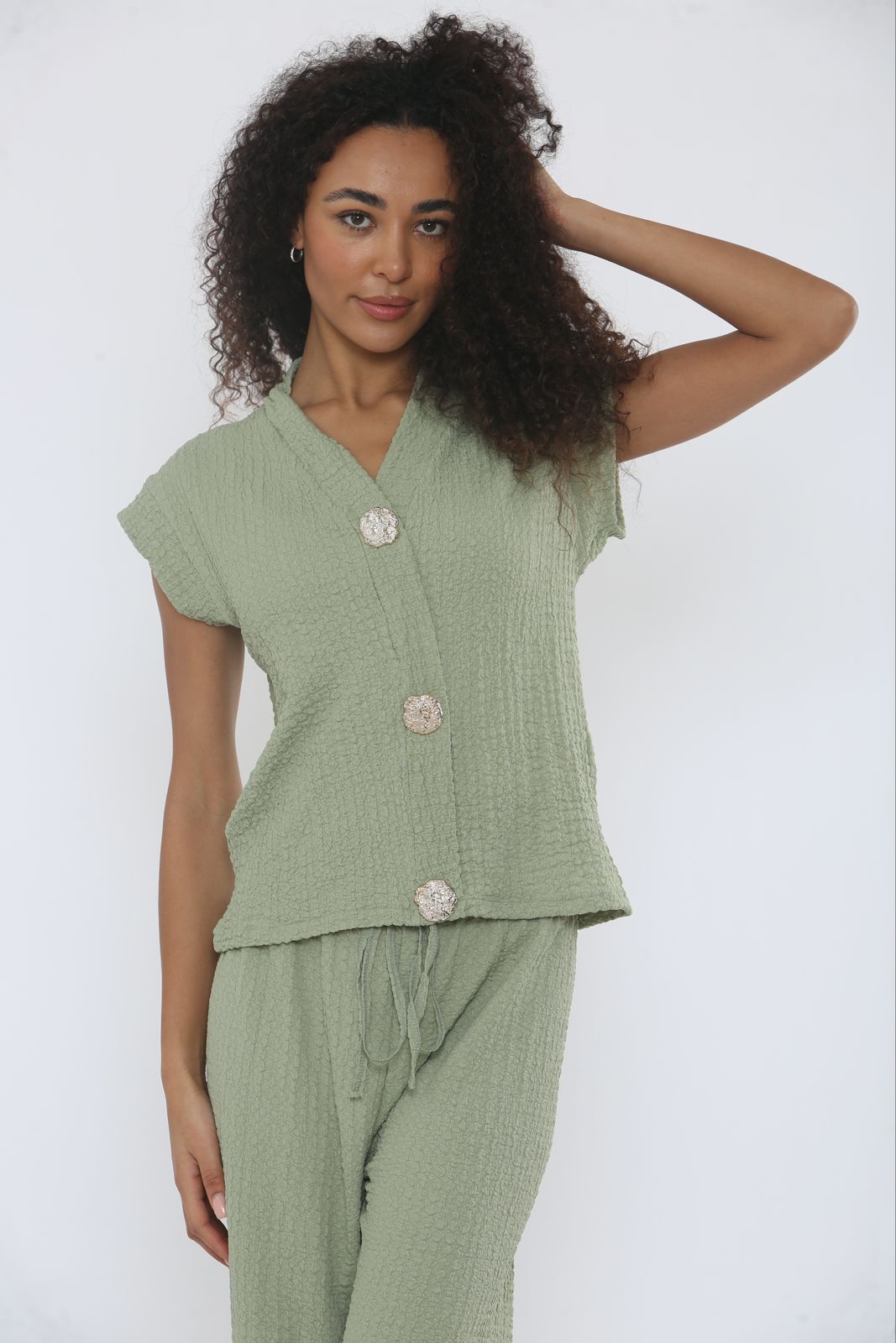 V-Neck Cheesecloth Gold Button Co-Ord Suit