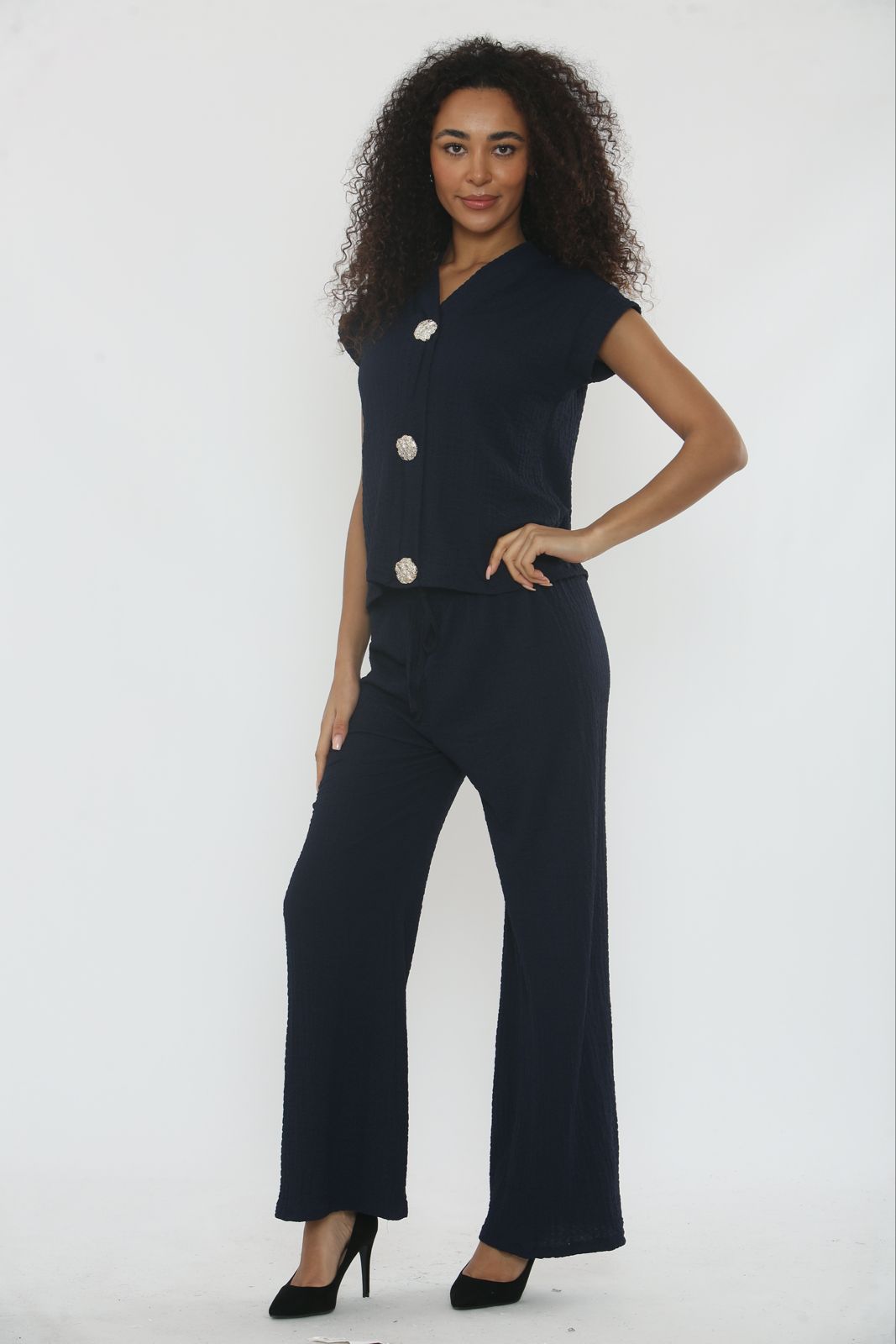 V-Neck Cheesecloth Gold Button Co-Ord Suit
