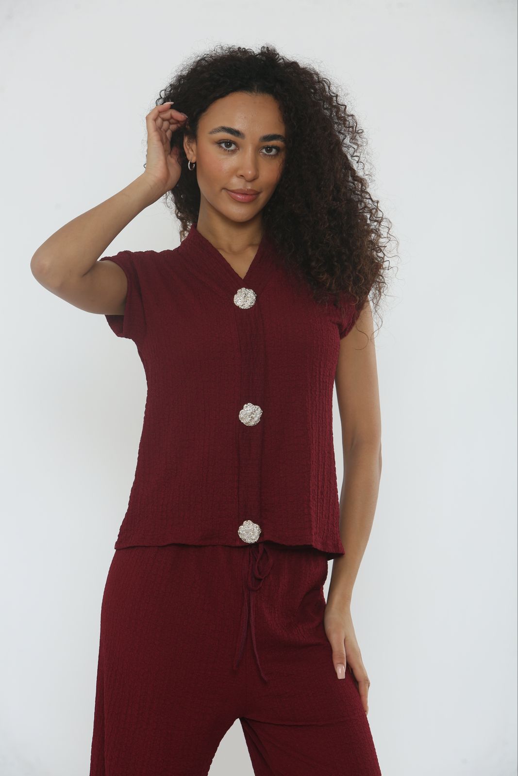V-Neck Cheesecloth Gold Button Co-Ord Suit