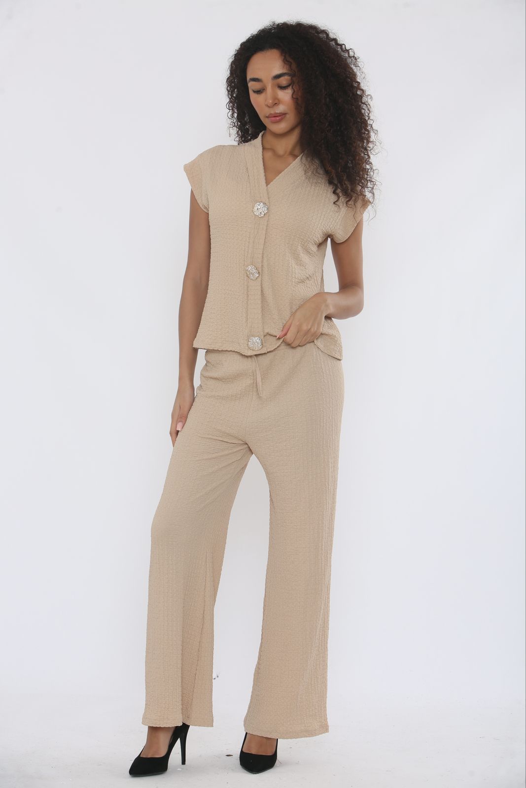 V-Neck Cheesecloth Gold Button Co-Ord Suit