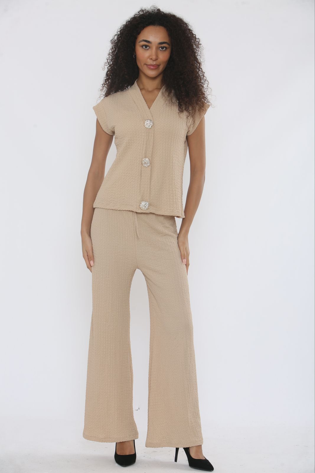 V-Neck Cheesecloth Gold Button Co-Ord Suit
