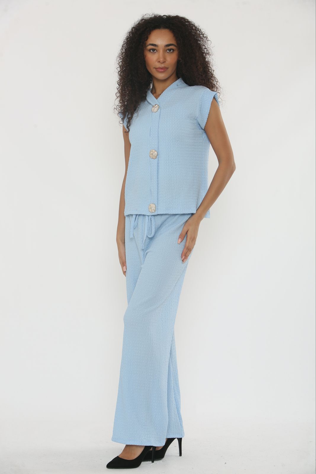 V-Neck Cheesecloth Gold Button Co-Ord Suit