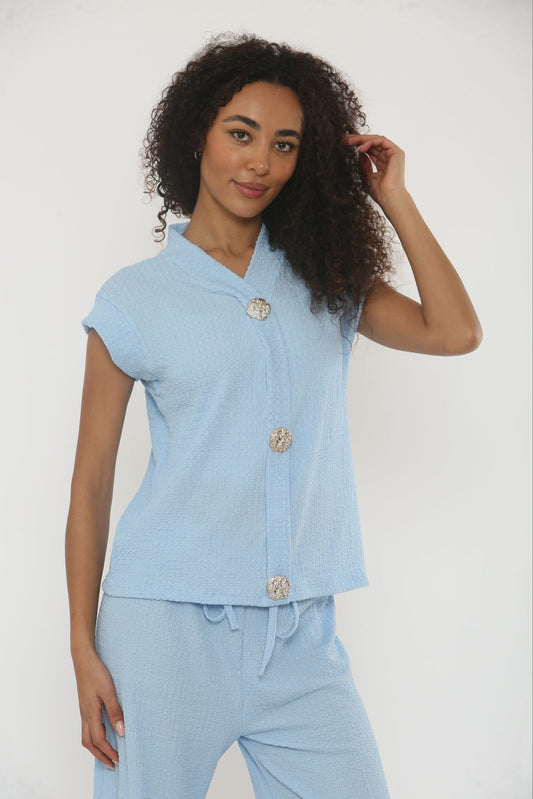 V-Neck Cheesecloth Gold Button Co-Ord Suit