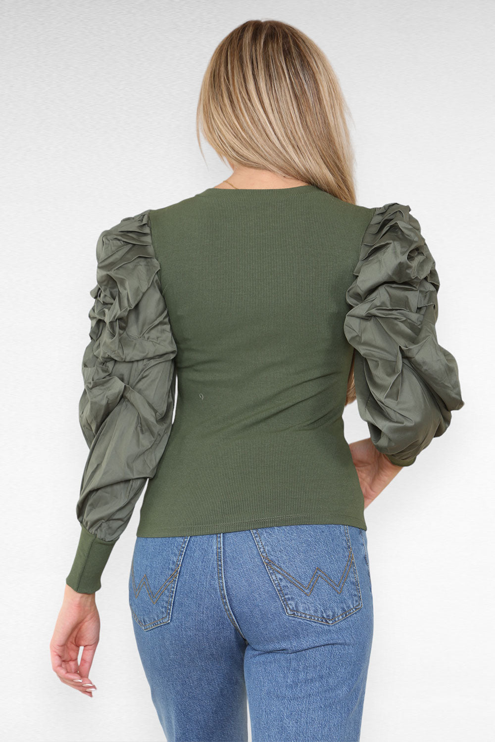 Oversized Puff Sleeves Ribbed Top