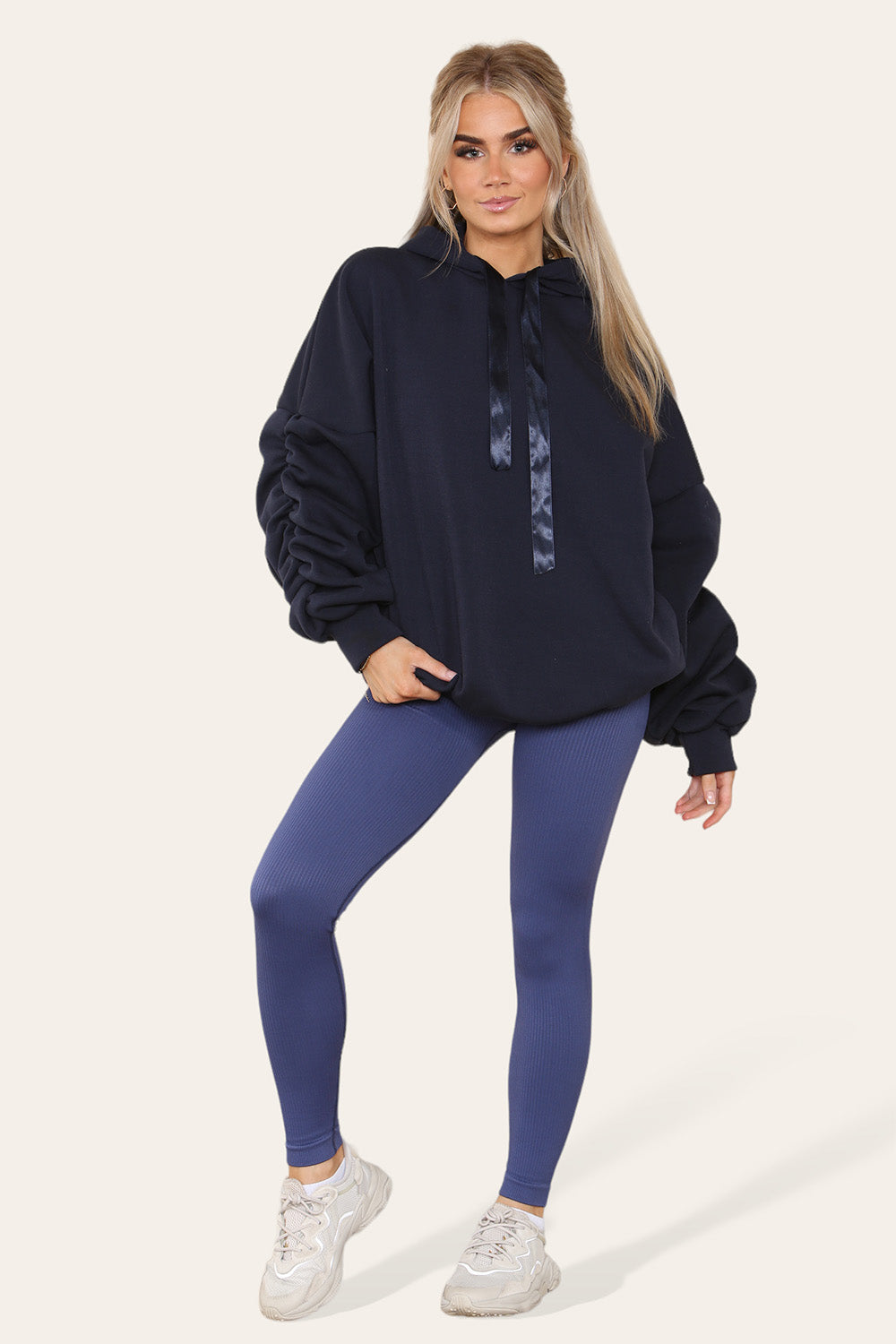 Plus Size Ruched Sleeves Hoodie With Satin Ribbon