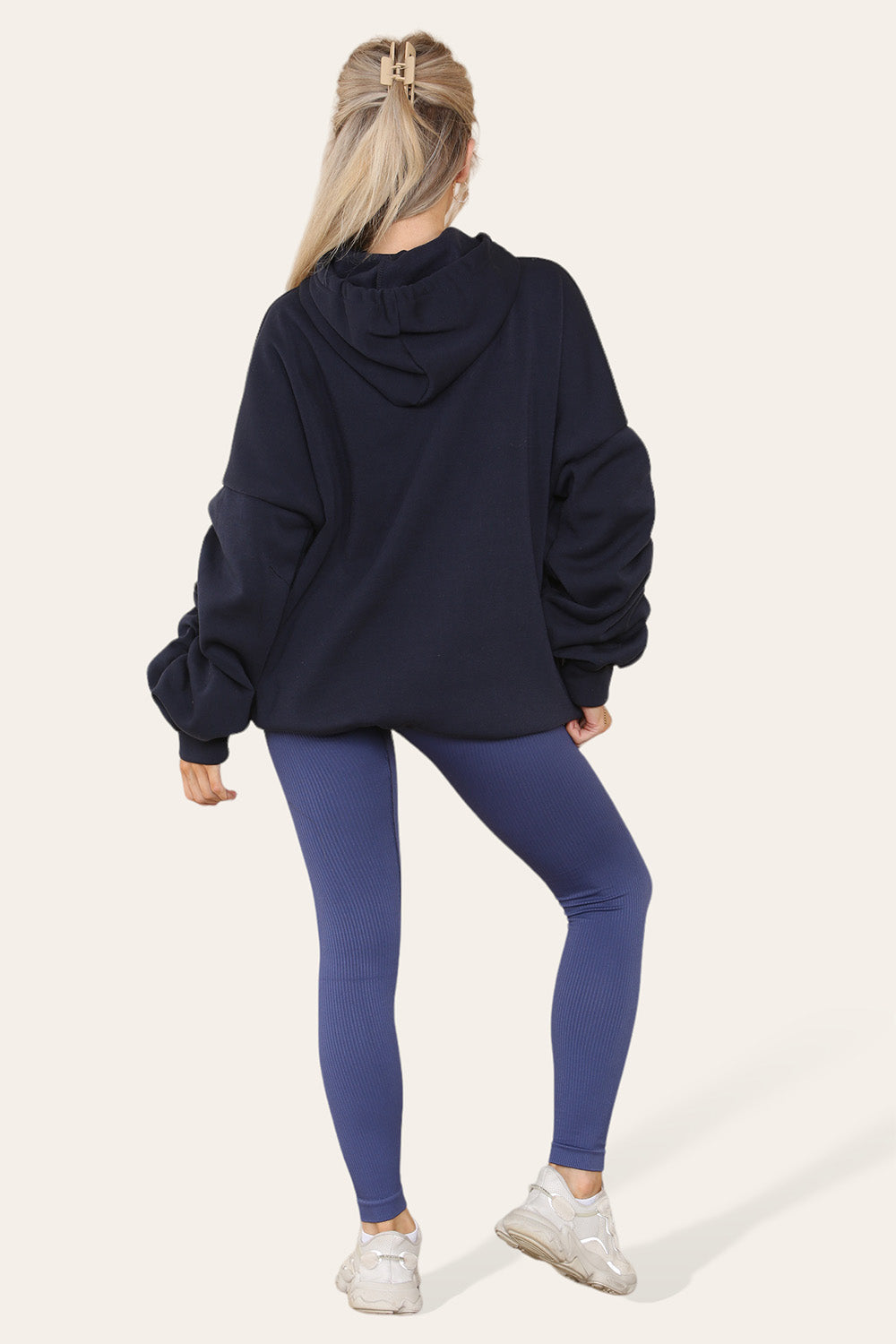 Plus Size Ruched Sleeves Hoodie With Satin Ribbon