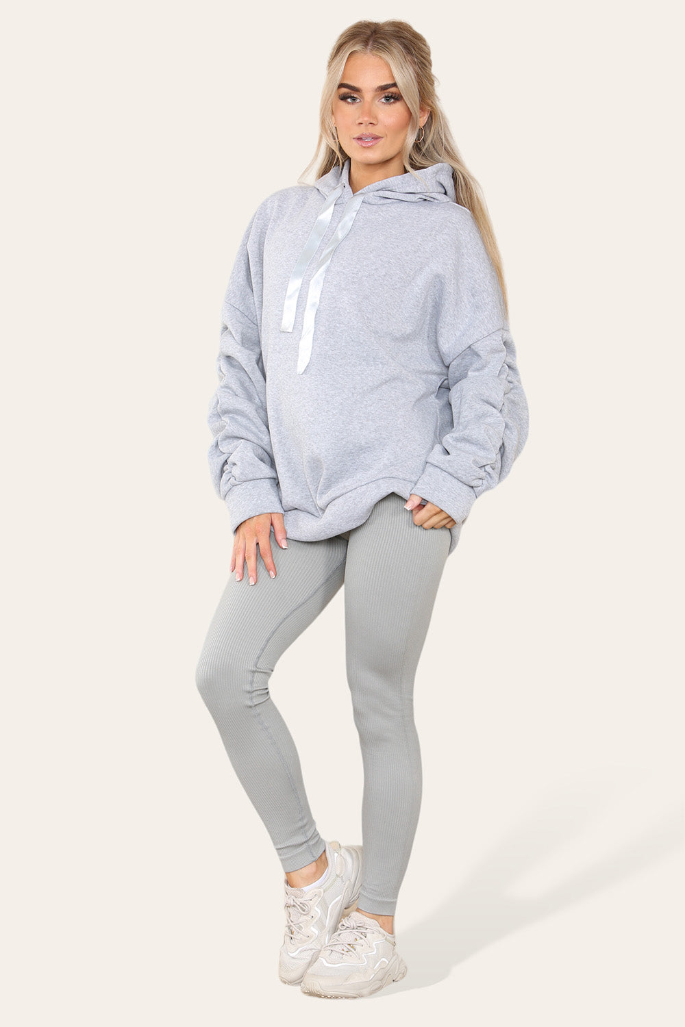 Plus Size Ruched Sleeves Hoodie With Satin Ribbon