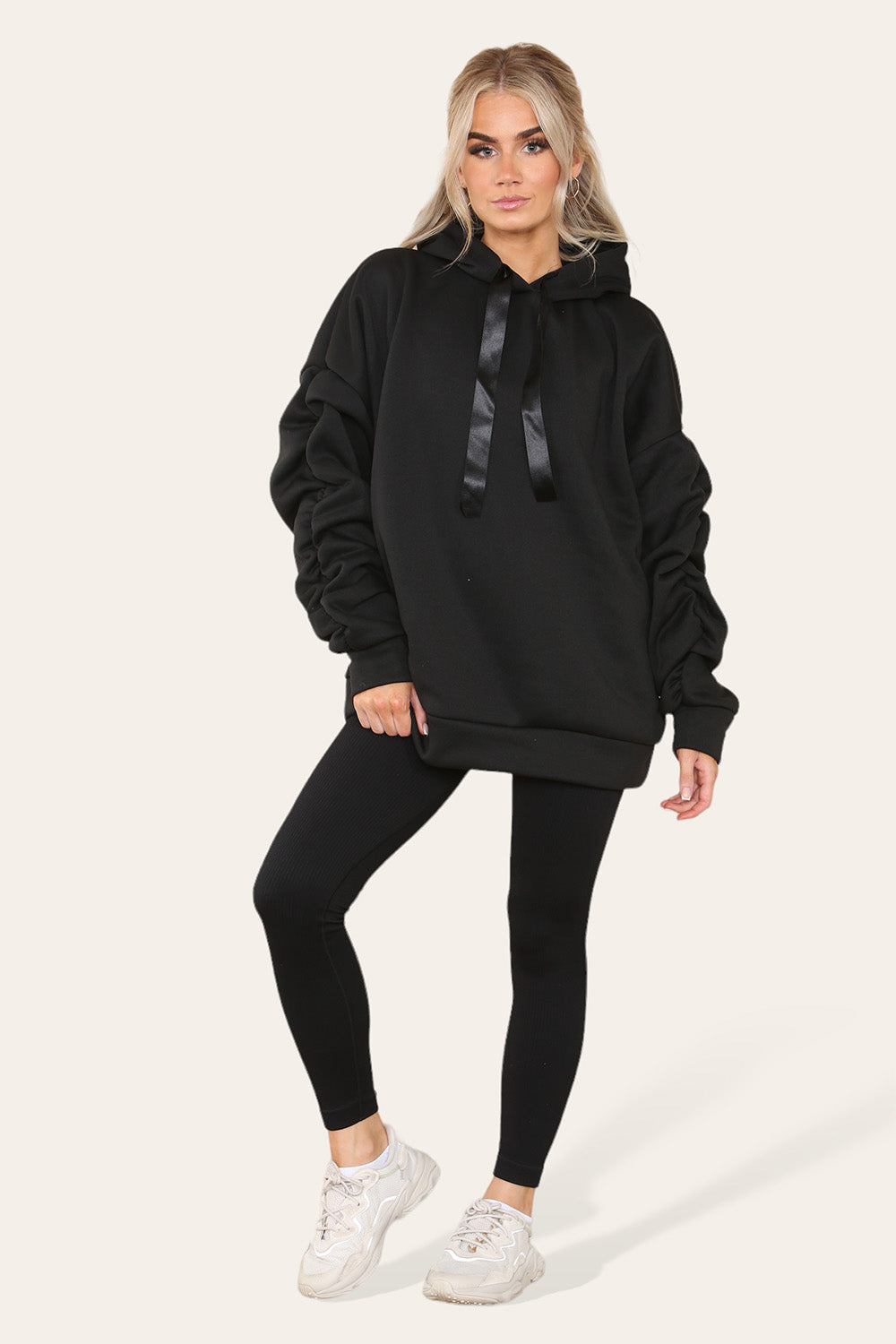 Plus Size Ruched Sleeves Hoodie With Satin Ribbon