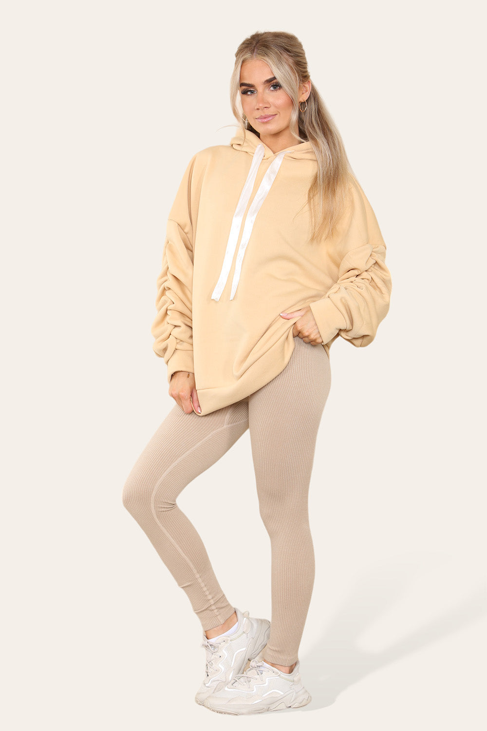 Plus Size Ruched Sleeves Hoodie With Satin Ribbon