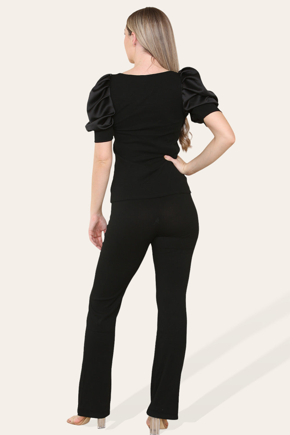 Silky Satin Puff Sleeves Ribbed Lounge Set