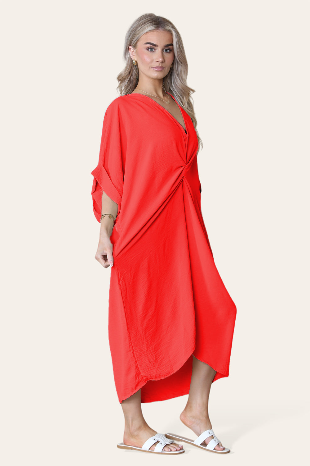 Womens V-Neck Tie Knotted Twisted Front Oversized Longline Midi Dress