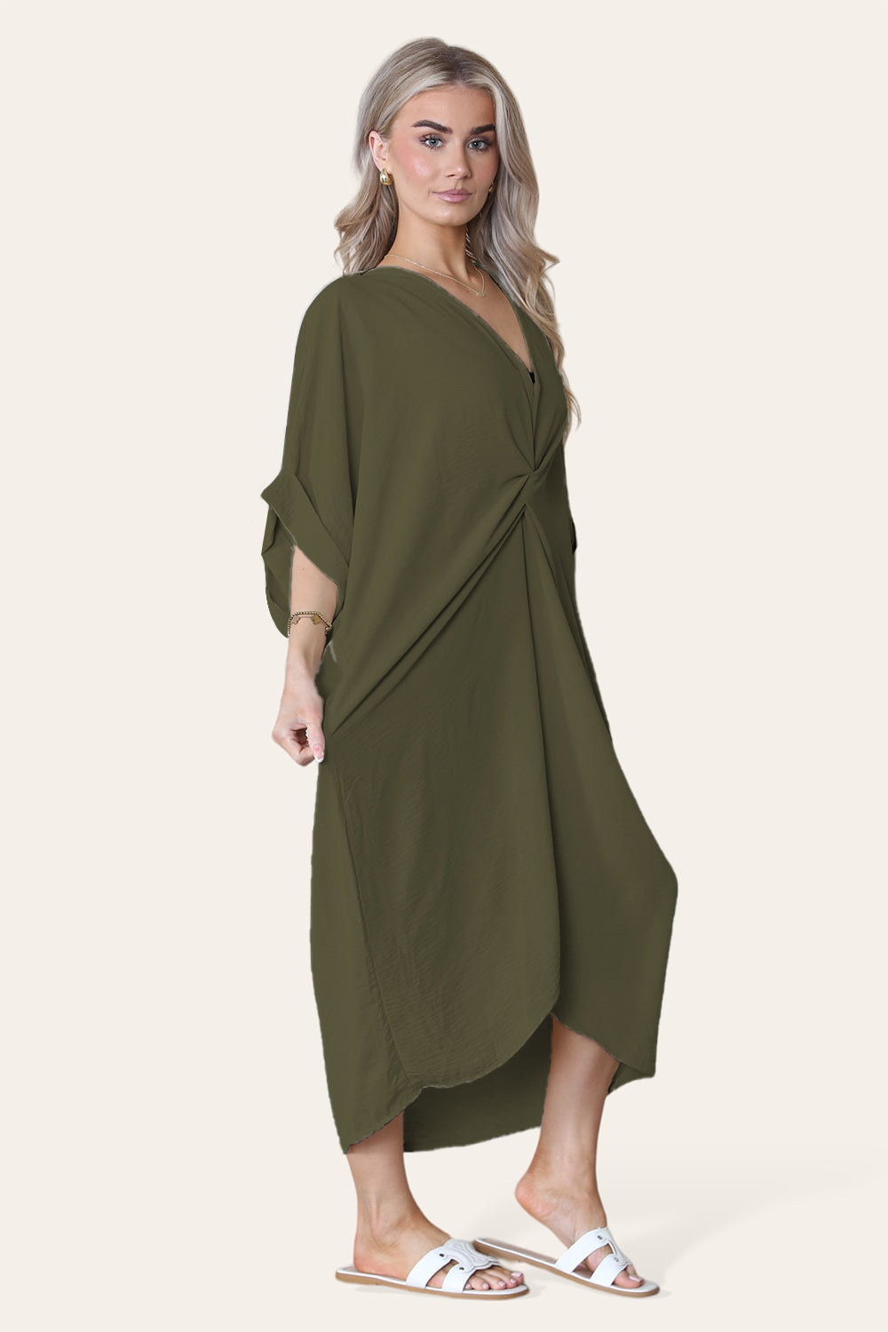 Womens V-Neck Tie Knotted Twisted Front Oversized Longline Midi Dress