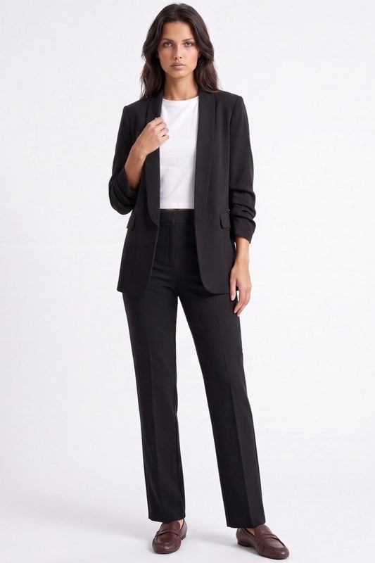 Black Blazer with Ruched Sleeves-0