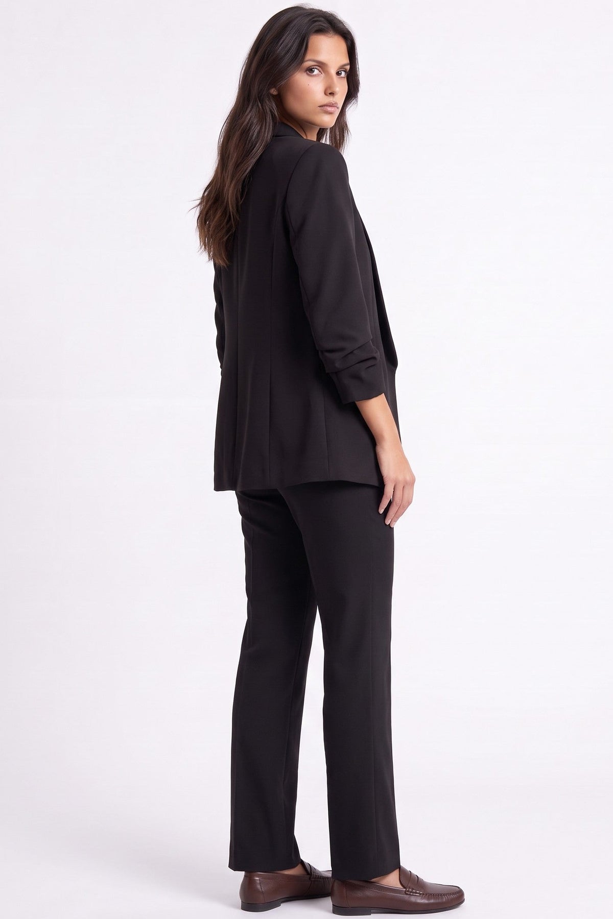 Black Blazer with Ruched Sleeves-2