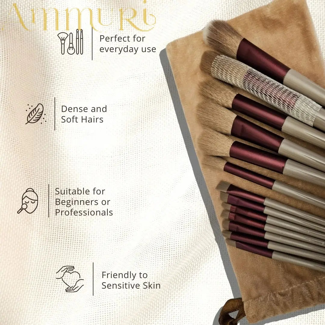Ammuri 13-Piece Vegan Makeup Brush Set | Face & Eye Brushes + Travel Pouch