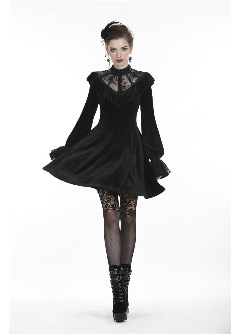Dark in Love Avina Black Velvet Dress - Gothic Lace Neckline Long Sleeve Dress