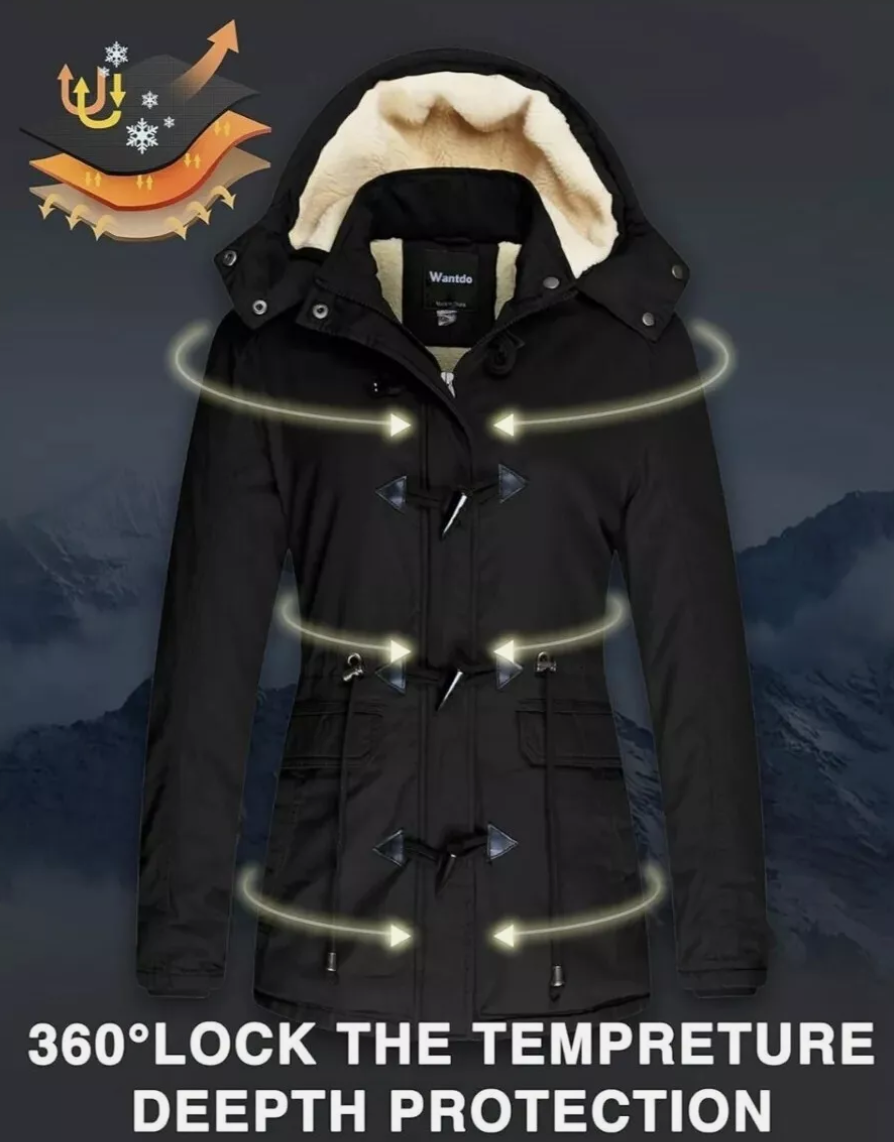 Womens Parka Coat Winter Sherpa Lined Hooded Twill Cotton Navy Size XL Wantdo