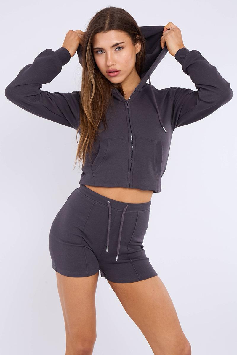 Zipped Hooded Crop Top & Seam Detail Shorts Fleece Co-ord