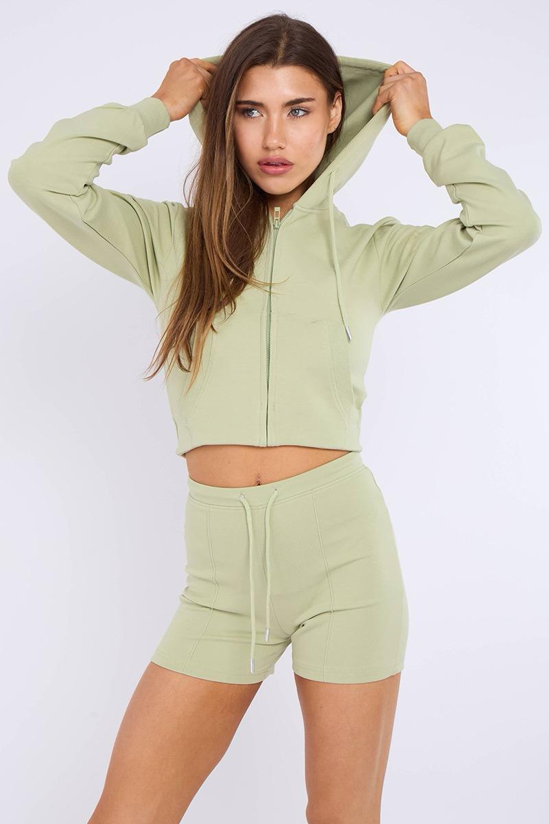 Zipped Hooded Crop Top & Seam Detail Shorts Fleece Co-ord