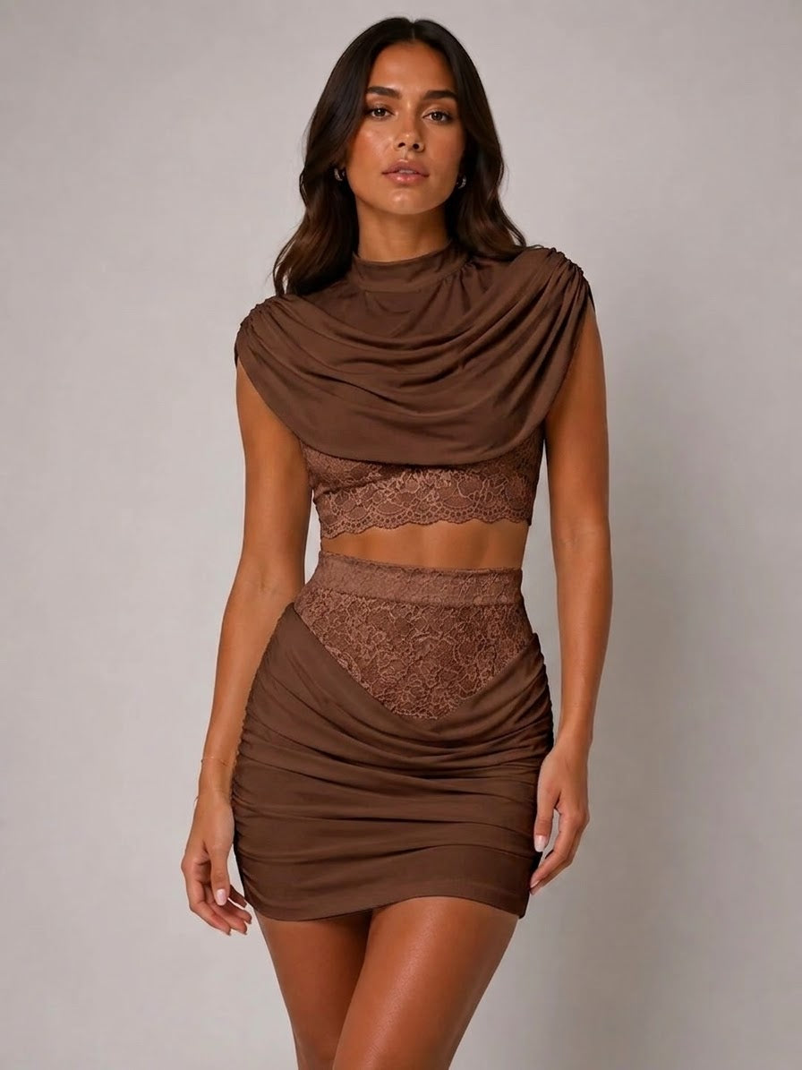 Draped High Neckline Lace Detail Top & Skirt Co-Ord
