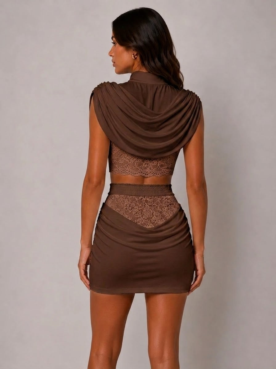 Draped High Neckline Lace Detail Top & Skirt Co-Ord