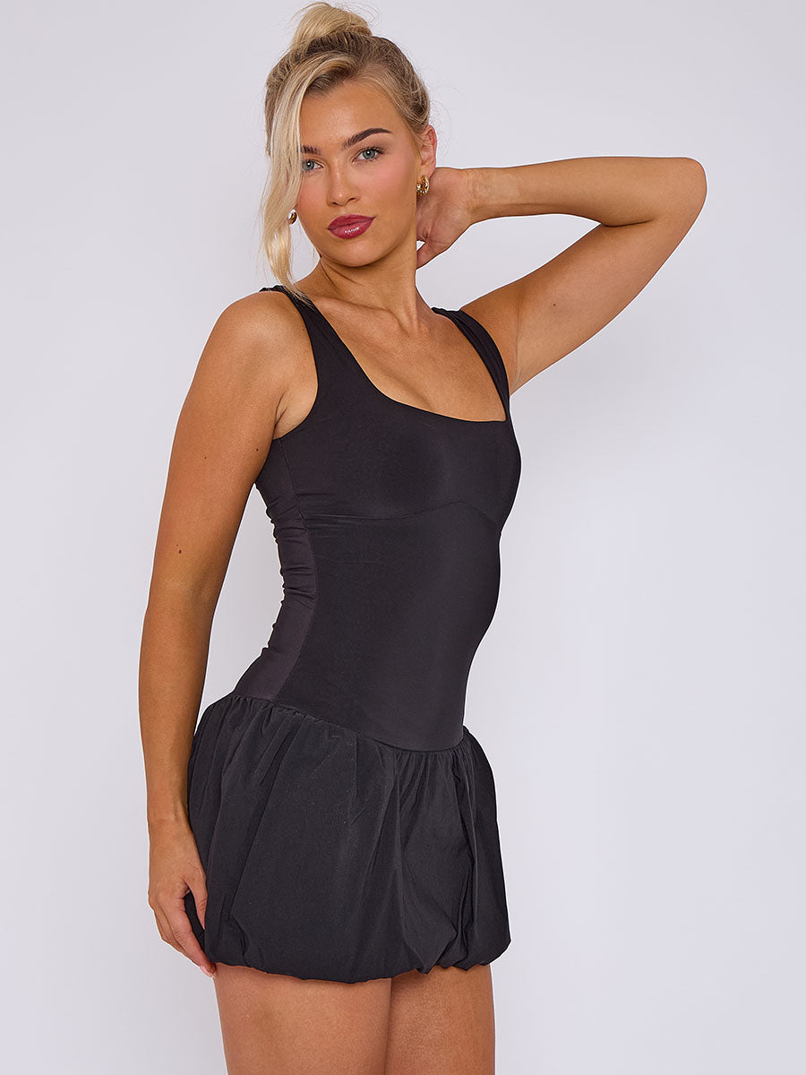 Square Neck Puffed Hem Mini Balloon Dress