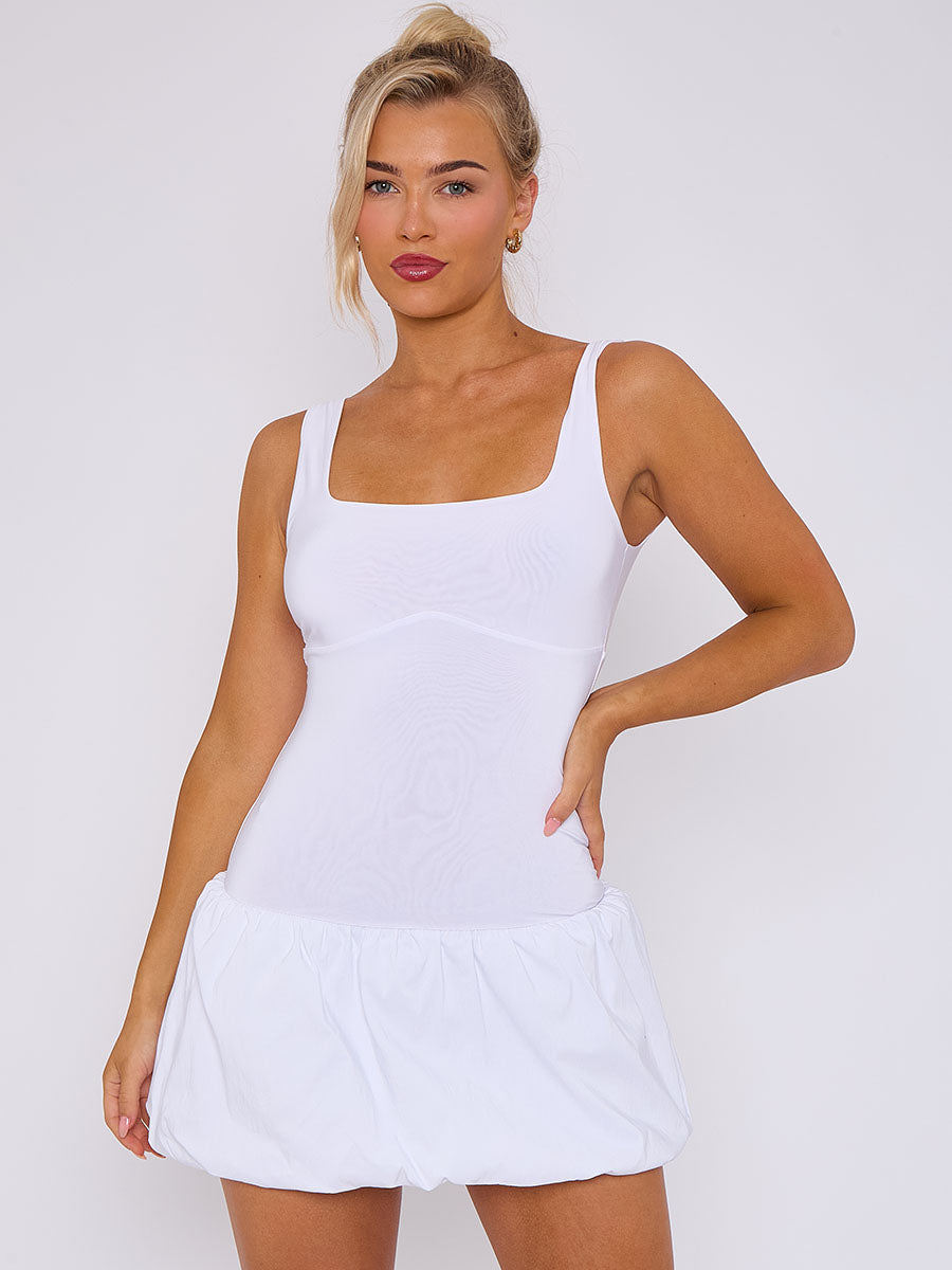 Square Neck Puffed Hem Mini Balloon Dress
