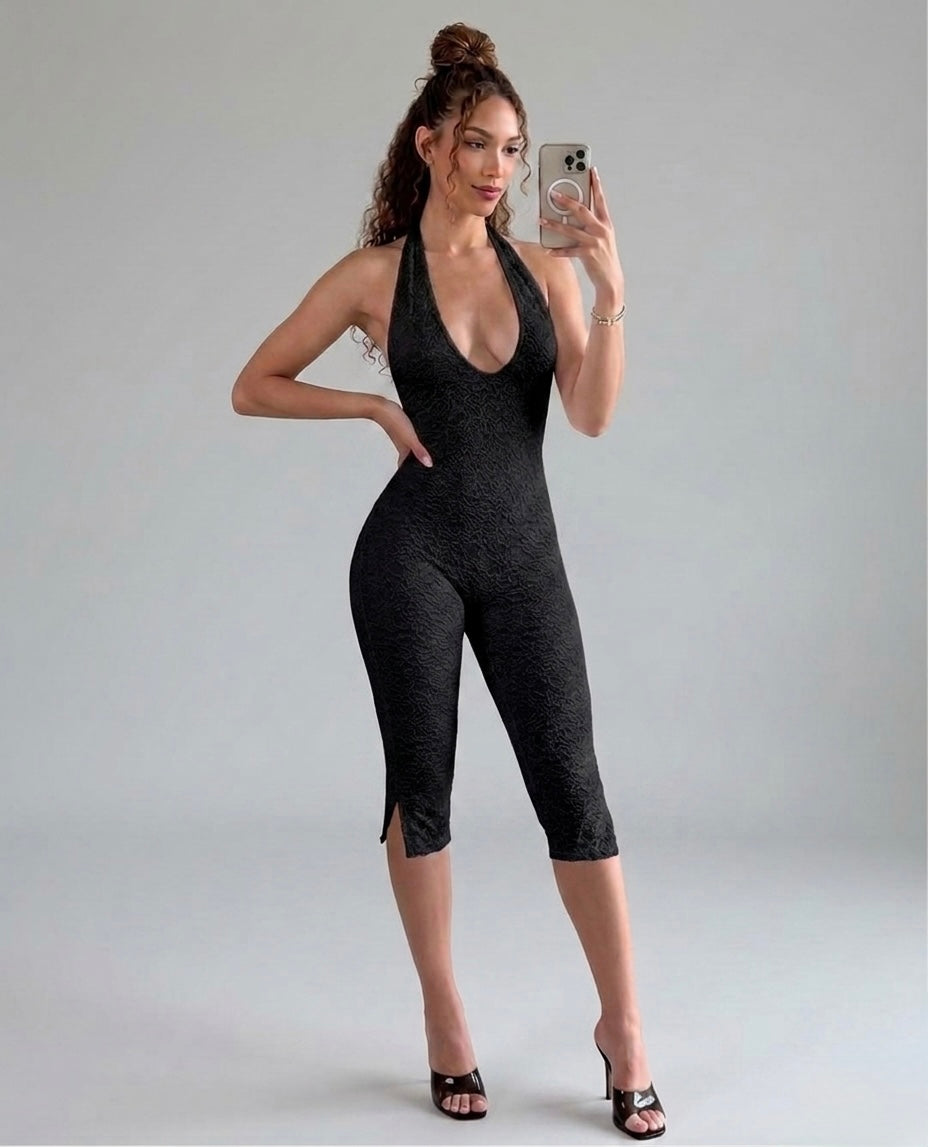 Halter Neck Lace Capri Jumpsuit