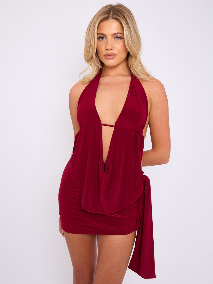 Slinky Halter Neck Top & Skirt Co-ord With Tie Knot Drape Detail