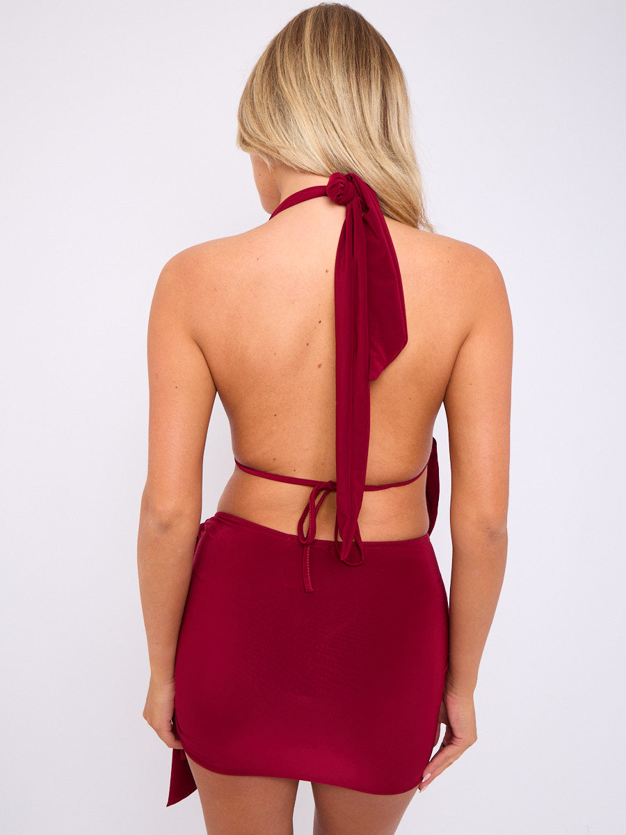 Slinky Halter Neck Top & Skirt Co-ord With Tie Knot Drape Detail