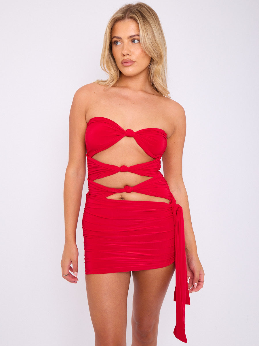 Cut Out Knot Front Bandeau Bodysuit & Mini Skirt Co-ord