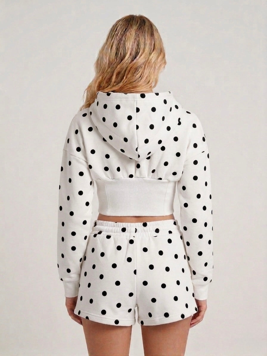Polka Dot Cropped Hoodie & Matching Drawstring Shorts Set