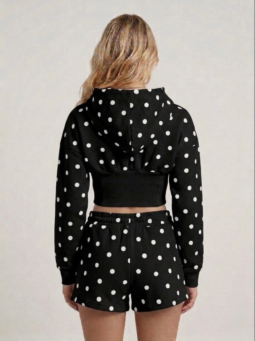 Polka Dot Cropped Hoodie & Matching Drawstring Shorts Set