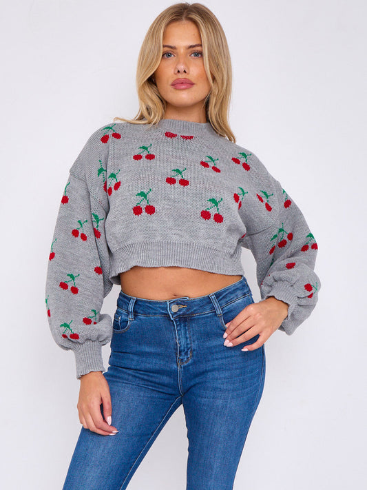 Cherry Detail Oversized Cropped Knitted Jumper