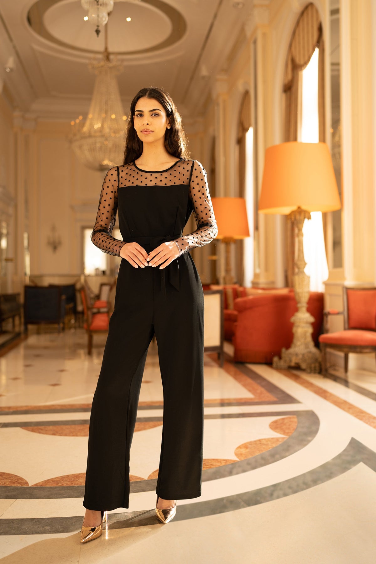 Yumi Black Spot Mesh Stretch Jumpsuit