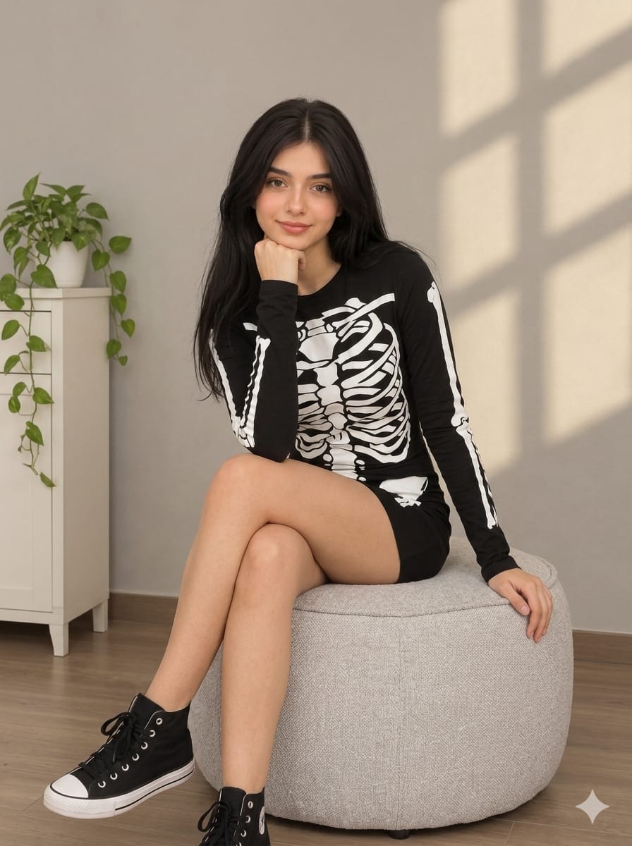 Ladies Skeleton Halloween Long Sleeve Bodycon Tshirt Dress