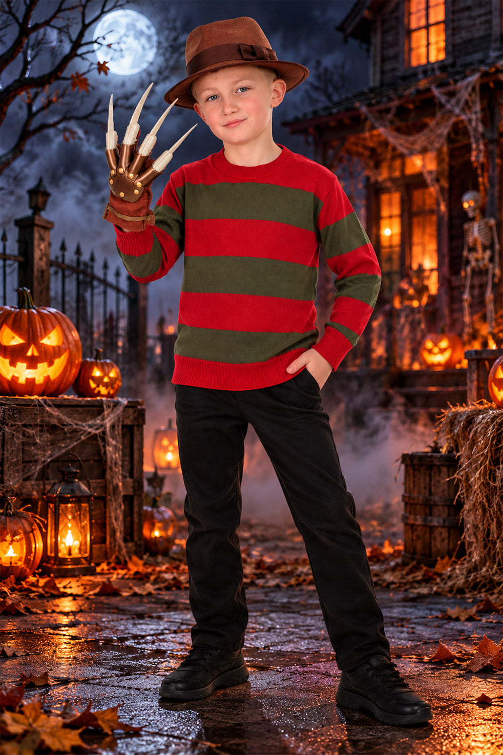 Nightmare Demon 3pcs Kids Red and Green Knitted Jumper Hat and Claw Glove