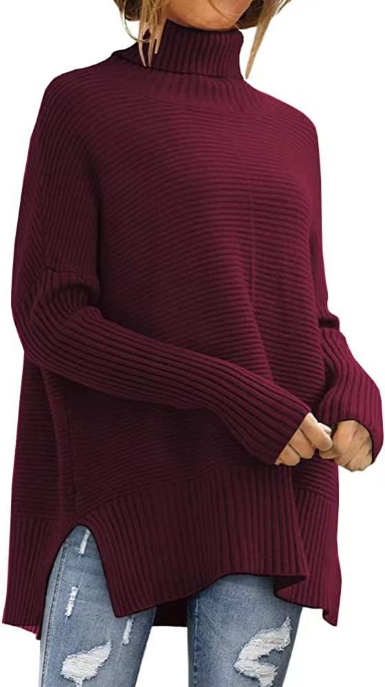 Women's Oversized Turtleneck Sweaters Fall Batwing Sleeve Ribbed Tunic Sweater