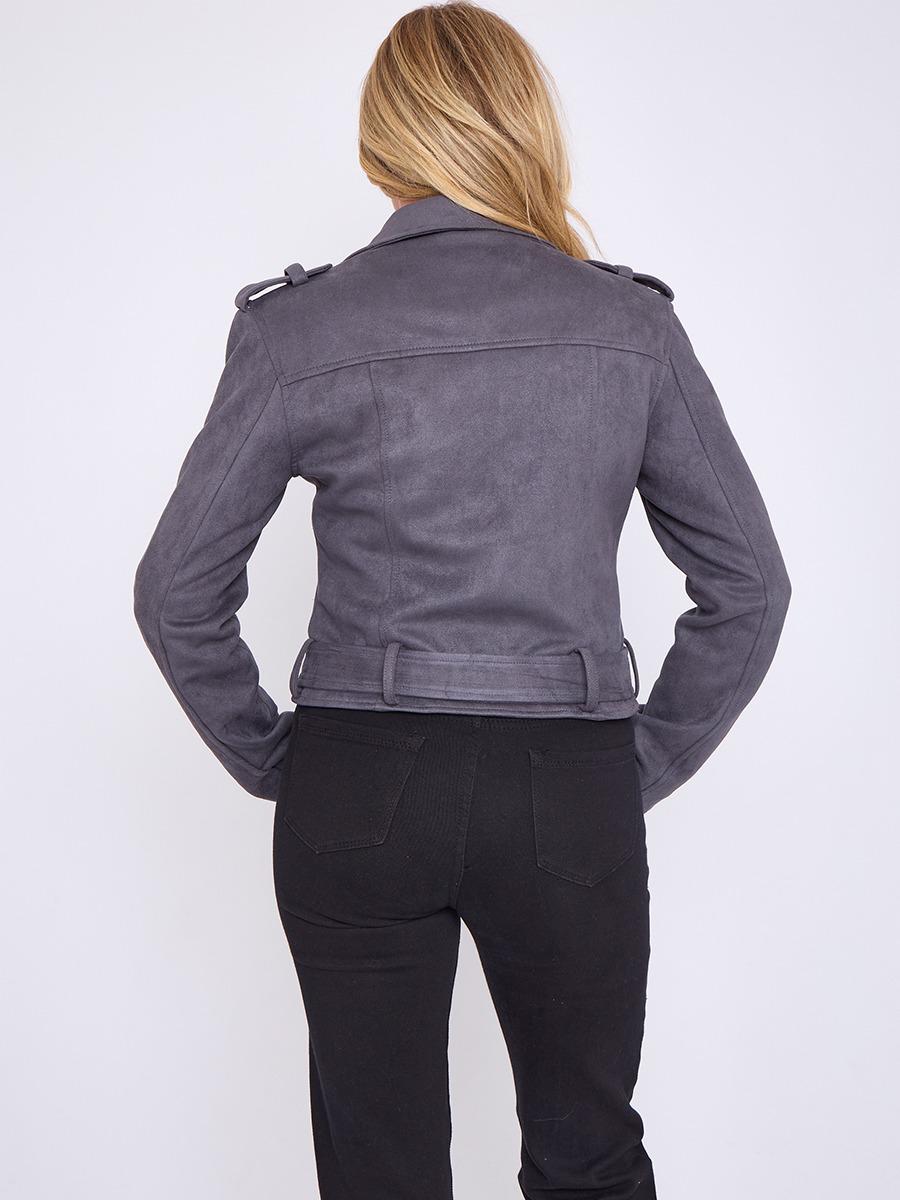 Faux Suede Cropped Biker Jacket With Belt