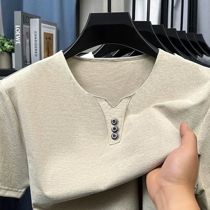 Men’s Three-Button V-Neck T-Shirt – Short Sleeve Top