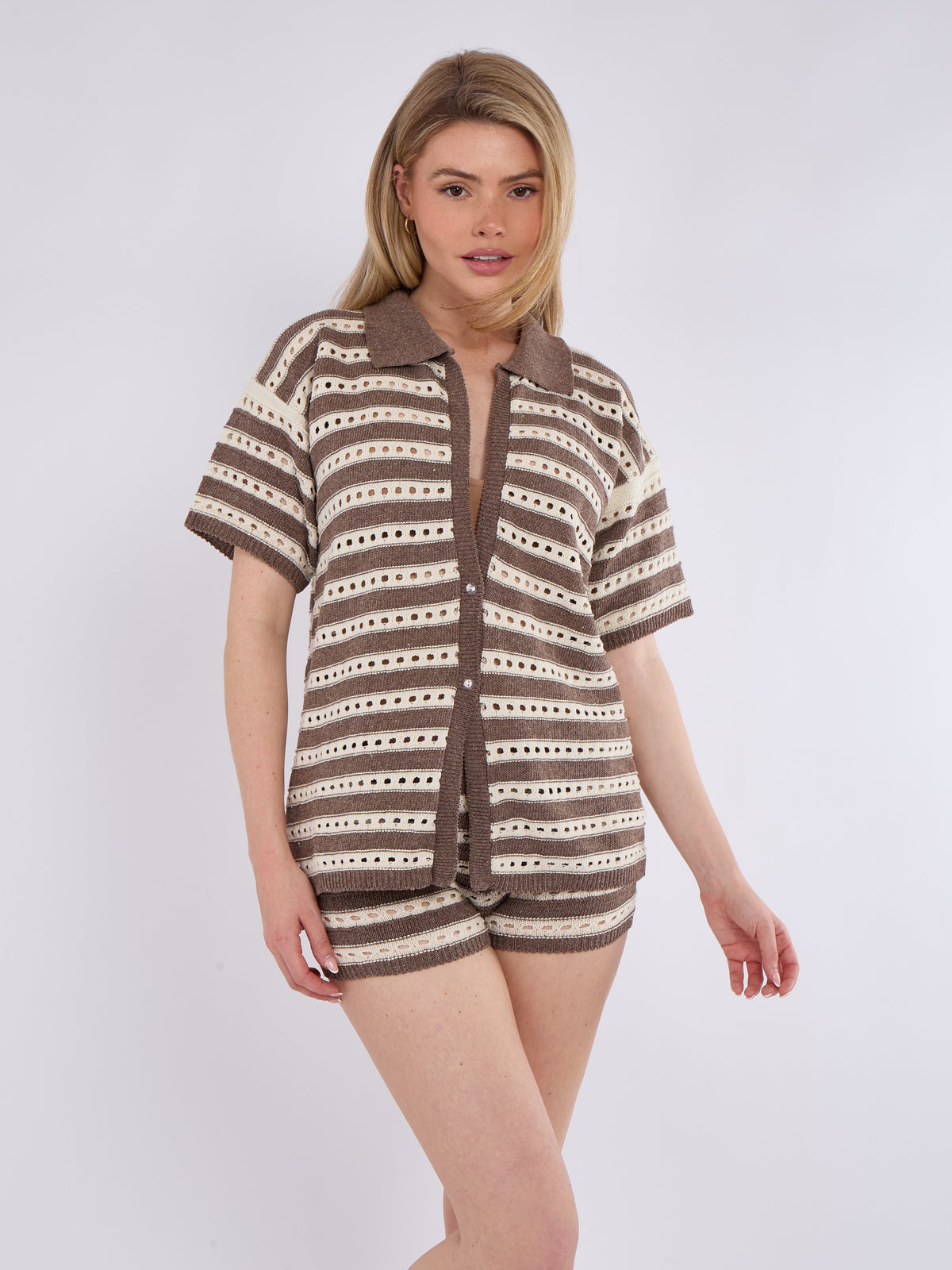 Stripe Crochet Knitted Top and Mirco Shorts