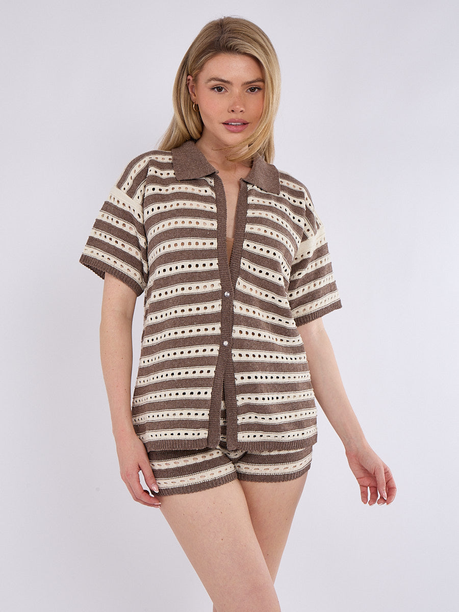 Stripe Crochet Knitted Top and Mirco Shorts