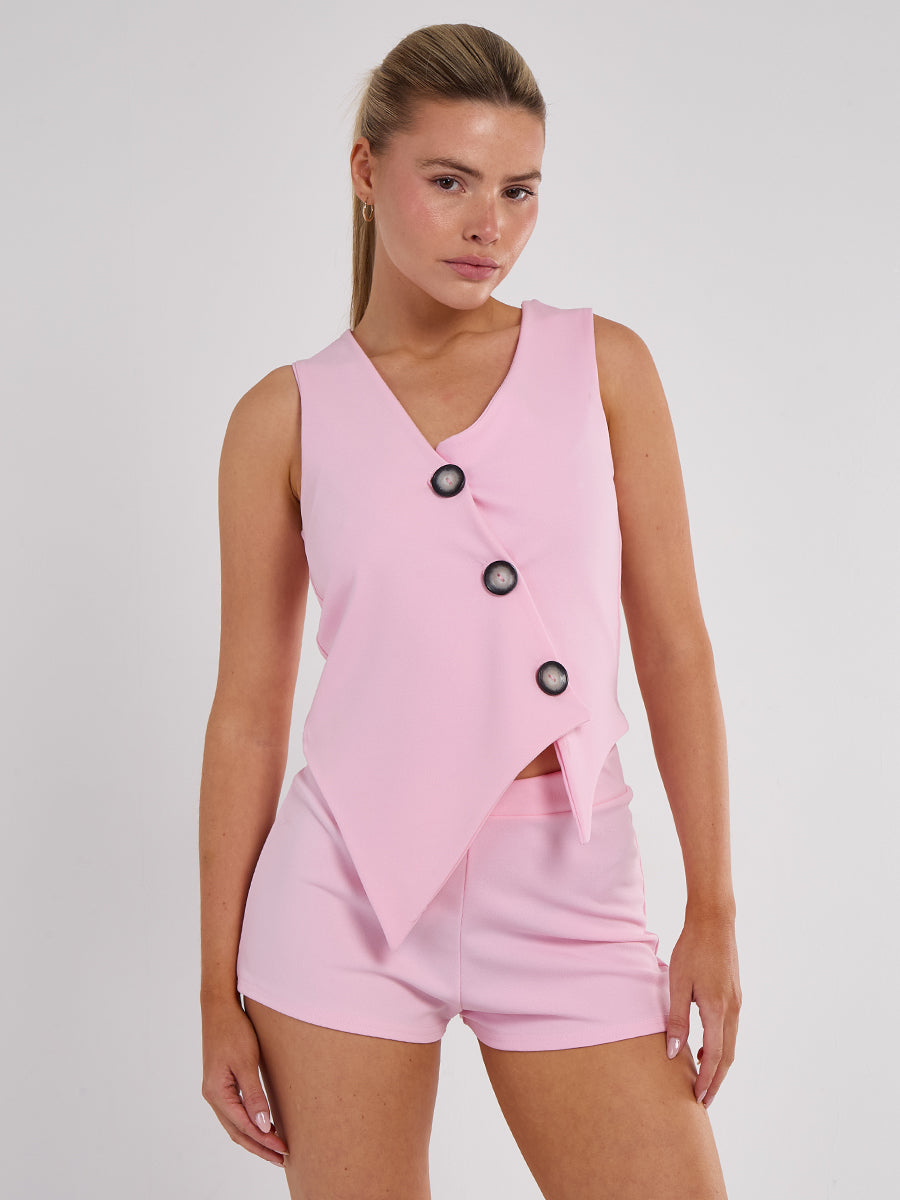 Longline Button Waistcoat Top & Shorts Set