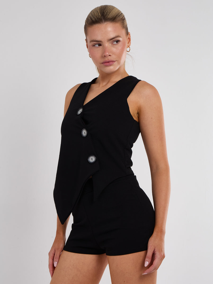 Longline Button Waistcoat Top & Shorts Set