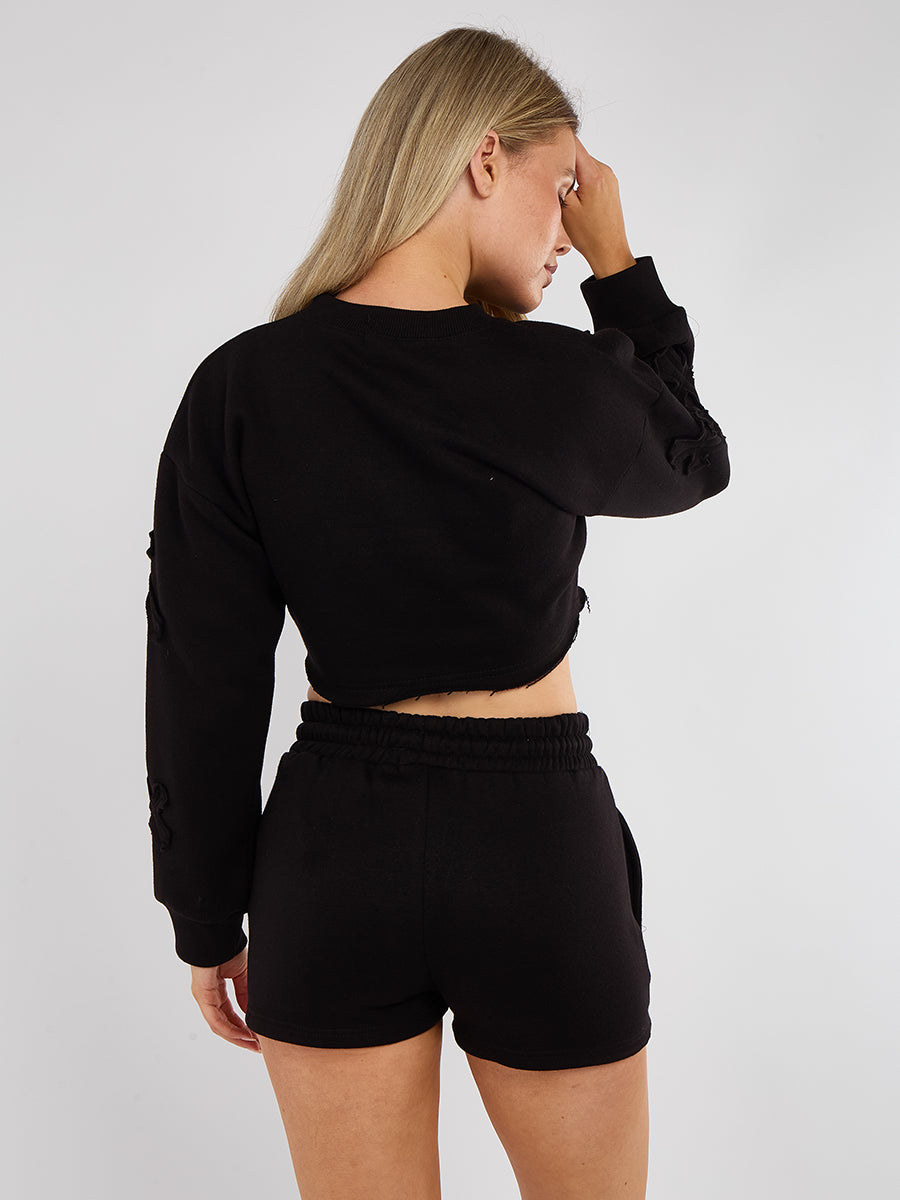 Cross Patch Cropped Sweatshirt & Shorts Fleece Co-ord