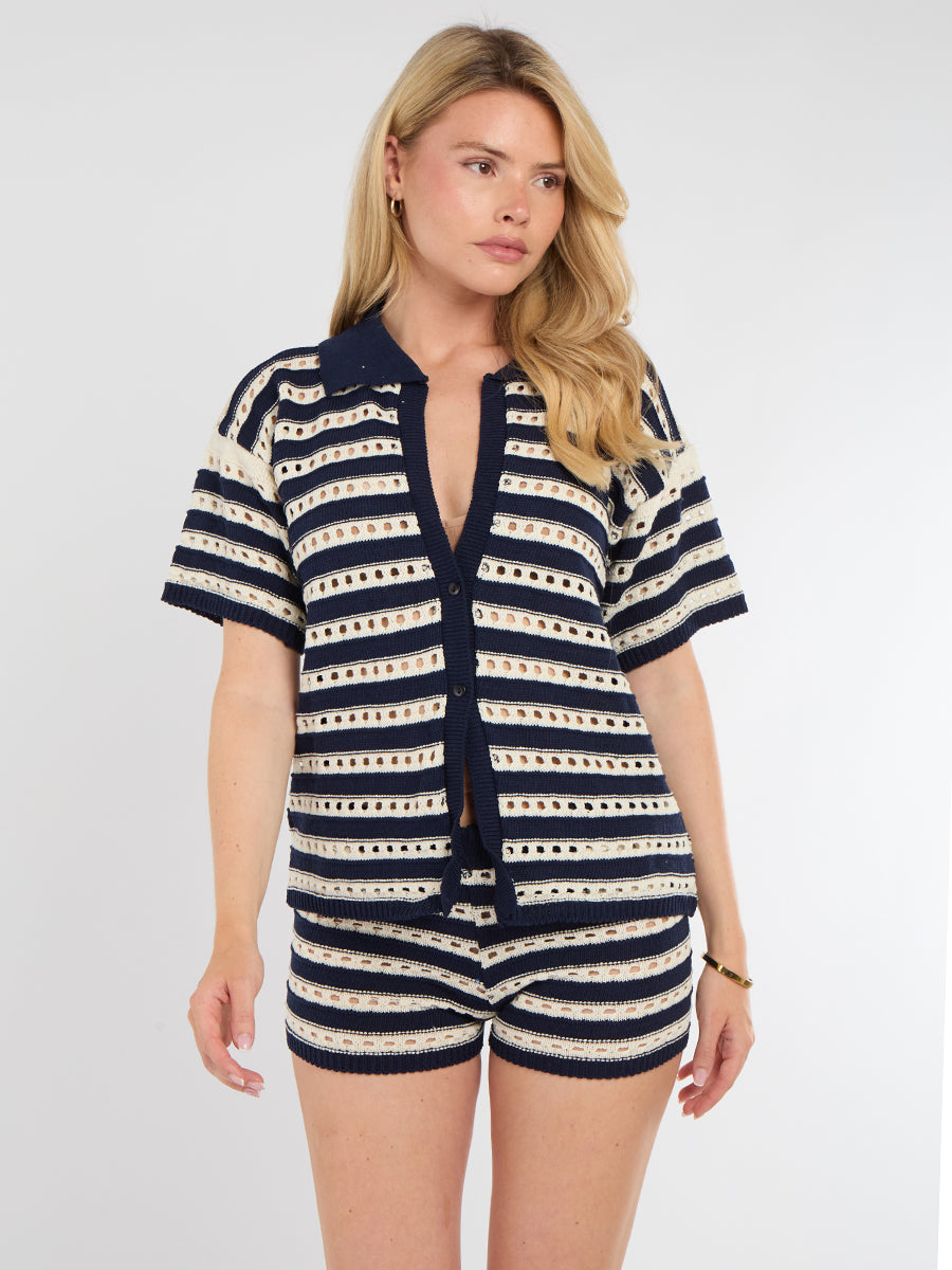 Stripe Crochet Knitted Top and Mirco Shorts